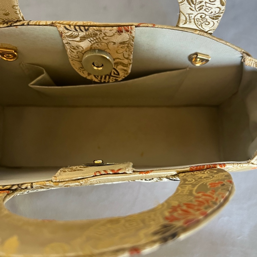 Silk Gold Floral Print Women's Bag w/Detachable Strap - Picture 6 of 8